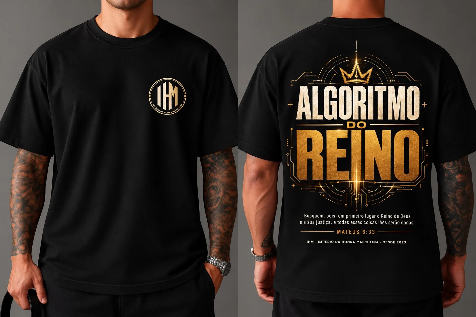 Camiseta Algoritmo do Reino preta, frente e costas.